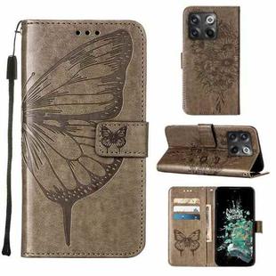 For OnePlus 10T 5G Global Embossed Butterfly Flip Leather Phone Case(Grey)