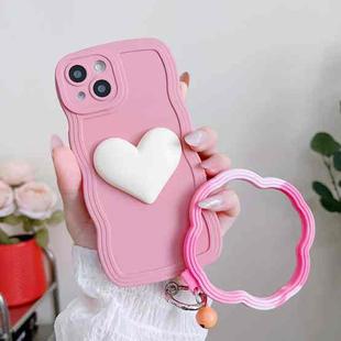 For iPhone 14 Wave Edge Heart Silicone Phone Case with Wristband(Pink)