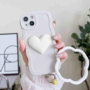 For iPhone 14 Plus Wave Edge Heart Silicone Phone Case with Wristband(White)