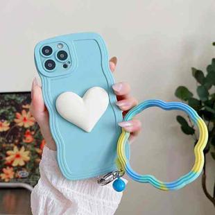 For iPhone 13 Pro Wave Edge Heart Silicone Phone Case with Wristband(Blue)