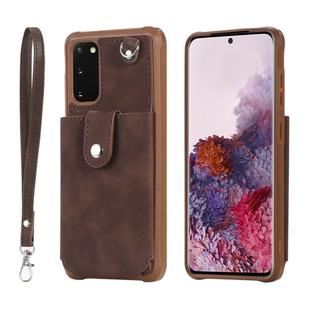 For Galaxy S20 Shockproof Protective Case with Mirror & Card Slot & Short Lanyard(Coffee)