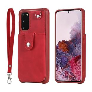 For Galaxy S20 Shockproof Protective Case with Mirror & Card Slot & Short Lanyard(Red)