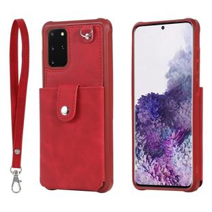 For Galaxy S20 Plus Shockproof Protective Case with Mirror & Card Slot & Short Lanyard(Red)
