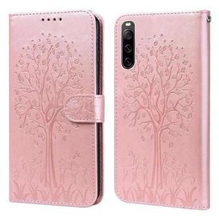 For Sony Xperia 10 IV Tree & Deer Pattern Pressed Flip Leather Phone Case(Pink)