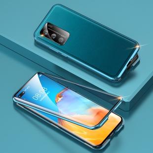 For Huawei P40 Shockproof Magnetic Attraction Leather Backboard + Tempered Glass Case with Camera Lens Protector Cover(Cyan-blue)