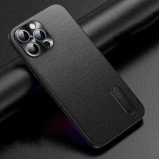 For iPhone 14 Pro Max Folding Holder Plain Leather Phone Case(Black)