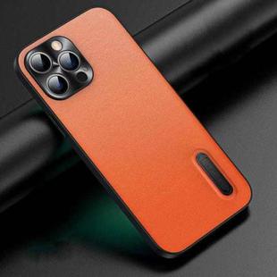 For iPhone 14 Pro Folding Holder Plain Leather Phone Case(Orange)