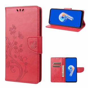 For Asus Zenfone 9 Butterfly Flower Pattern Flip Leather Phone Case(Red)