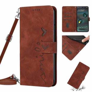 For Google Pixel 6a Skin Feel Heart Pattern Leather Phone Case With Lanyard(Brown)