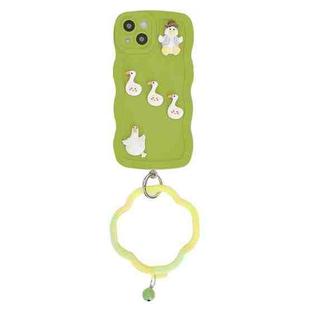 For iPhone 14 Wave Edge Duck Silicone Phone Case with Wristband(Green Small Bell)