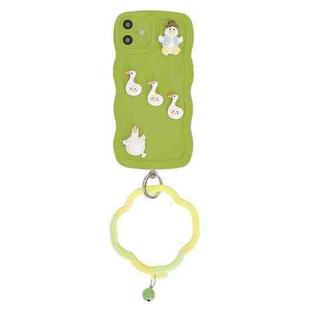 For iPhone 12 Wave Edge Duck Silicone Phone Case with Wristband(Green Small Bell)