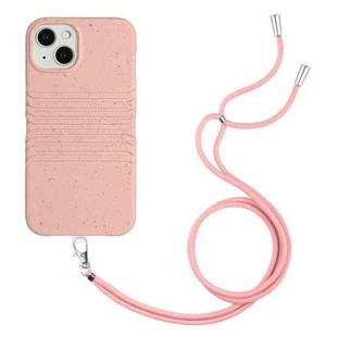 For iPhone 14 Wheat Straw Material Degradable TPU Phone Case with Lanyard(Pink)