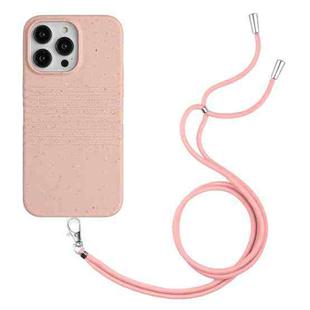 For iPhone 14 Pro Wheat Straw Material Degradable TPU Phone Case with Lanyard(Pink)