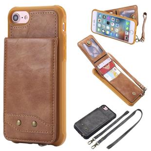 For iPhone SE 2022 / SE 2020 / 8 / 7 Vertical Flip Shockproof Leather Protective Case with Long Rope, Support Card Slots & Bracket & Photo Holder & Wallet Function(Brown)