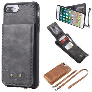 For iPhone 8 Plus / 7 Plus Vertical Flip Shockproof Leather Protective Case with Long Rope, Support Card Slots & Bracket & Photo Holder & Wallet Function(Gray)