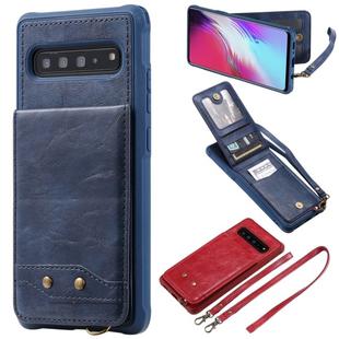 For Galaxy S10 5G Vertical Flip Shockproof Leather Protective Case with Long Rope, Support Card Slots & Bracket & Photo Holder & Wallet Function(Blue)