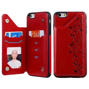 For iPhone 6 Plus Six Cats Embossing Pattern Protective Case with Holder & Card Slots & Photo Frame(Red)