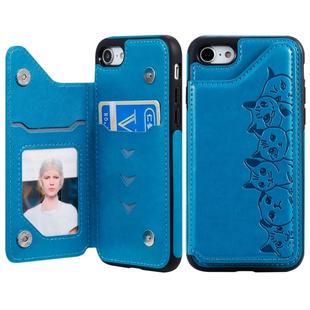 For iPhone 7 / 8 Six Cats Embossing Pattern Protective Case with Holder & Card Slots & Photo Frame(Blue)