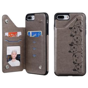 For iPhone 7 Plus / 8 Plus Six Cats Embossing Pattern Protective Case with Holder & Card Slots & Photo Frame(Grey)