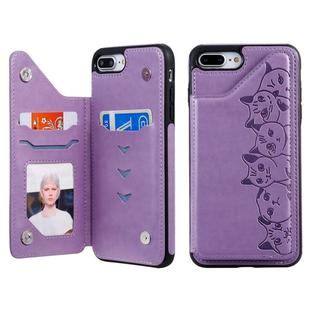 For iPhone 7 Plus / 8 Plus Six Cats Embossing Pattern Protective Case with Holder & Card Slots & Photo Frame(Purple)