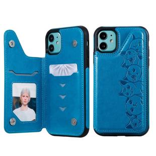 For iPhone 11 Six Cats Embossing Pattern Protective Case with Holder & Card Slots & Photo Frame(Blue)