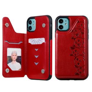 For iPhone 11 Six Cats Embossing Pattern Protective Case with Holder & Card Slots & Photo Frame(Red)