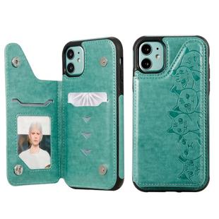 For iPhone 11 Six Cats Embossing Pattern Protective Case with Holder & Card Slots & Photo Frame(Green)