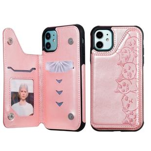 For iPhone 11 Six Cats Embossing Pattern Protective Case with Holder & Card Slots & Photo Frame(Rose Gold)