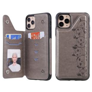 For iPhone 11 Pro Max Six Cats Embossing Pattern Protective Case with Holder & Card Slots & Photo Frame(Grey)