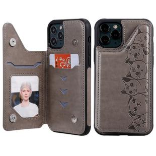 For iPhone 11 Pro Six Cats Embossing Pattern Protective Case with Holder & Card Slots & Photo Frame(Grey)