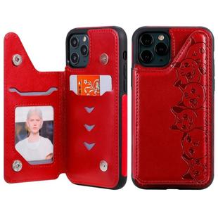 For iPhone 11 Pro Six Cats Embossing Pattern Protective Case with Holder & Card Slots & Photo Frame(Red)