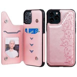 For iPhone 11 Pro Six Cats Embossing Pattern Protective Case with Holder & Card Slots & Photo Frame(Rose Gold)