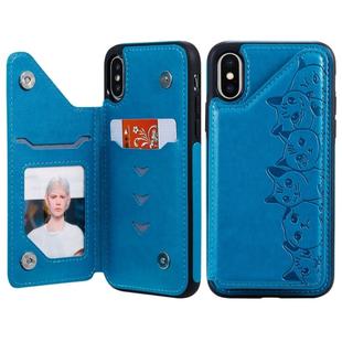 For iPhone X Six Cats Embossing Pattern Protective Case with Holder & Card Slots & Photo Frame(Blue)
