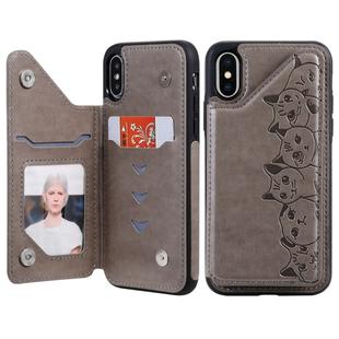 For iPhone X Six Cats Embossing Pattern Protective Case with Holder & Card Slots & Photo Frame(Grey)