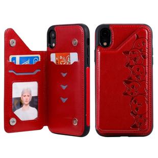 For iPhone XR Six Cats Embossing Pattern Protective Case with Holder & Card Slots & Photo Frame(Red)