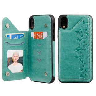 For iPhone XR Six Cats Embossing Pattern Protective Case with Holder & Card Slots & Photo Frame(Green)