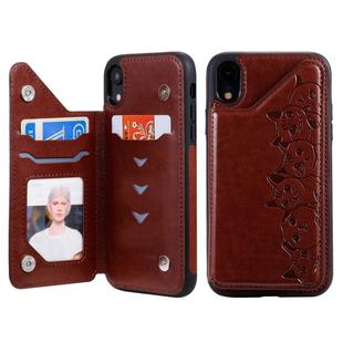 For iPhone XR Six Cats Embossing Pattern Protective Case with Holder & Card Slots & Photo Frame(Brown)