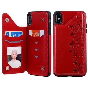 For iPhone XS Max Six Cats Embossing Pattern Protective Case with Holder & Card Slots & Photo Frame(Red)