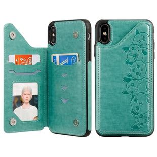 For iPhone XS Max Six Cats Embossing Pattern Protective Case with Holder & Card Slots & Photo Frame(Green)