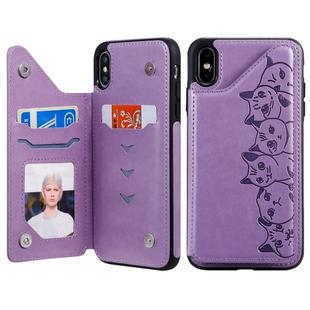 For iPhone XS Max Six Cats Embossing Pattern Protective Case with Holder & Card Slots & Photo Frame(Purple)