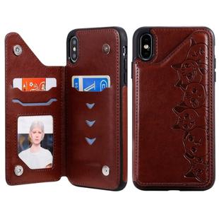 For iPhone XS Max Six Cats Embossing Pattern Protective Case with Holder & Card Slots & Photo Frame(Brown)