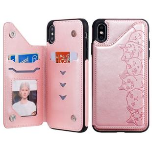 For iPhone XS Max Six Cats Embossing Pattern Protective Case with Holder & Card Slots & Photo Frame(Rose Gold)