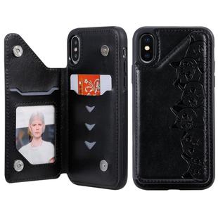 For iPhone XS Six Cats Embossing Pattern Protective Case with Holder & Card Slots & Photo Frame(Black)