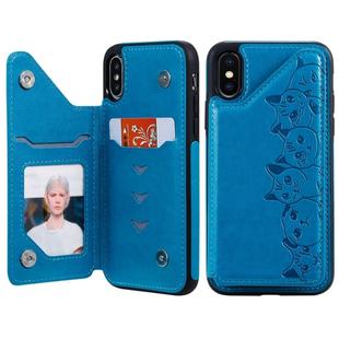 For iPhone XS Six Cats Embossing Pattern Protective Case with Holder & Card Slots & Photo Frame(Blue)