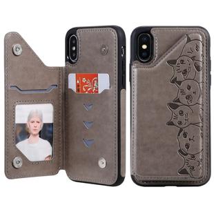 For iPhone XS Six Cats Embossing Pattern Protective Case with Holder & Card Slots & Photo Frame(Grey)
