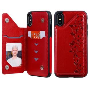 For iPhone XS Six Cats Embossing Pattern Protective Case with Holder & Card Slots & Photo Frame(Red)