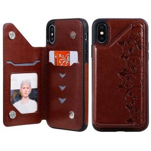 For iPhone XS Six Cats Embossing Pattern Protective Case with Holder & Card Slots & Photo Frame(Brown)