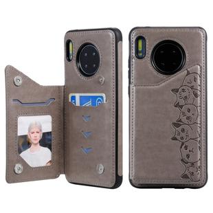 For Huawei Mate 30 Six Cats Embossing Pattern Protective Case with Holder & Card Slots & Photo Frame(Grey)