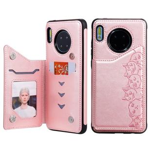 For Huawei Mate 30 Six Cats Embossing Pattern Protective Case with Holder & Card Slots & Photo Frame(Rose Gold)