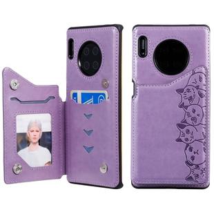 For Huawei Mate 30 Pro Six Cats Embossing Pattern Protective Case with Holder & Card Slots & Photo Frame(Purple)
